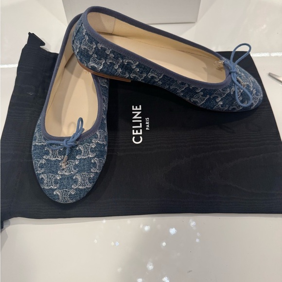 Celine Les Ballerines Triomphe Stamped Denim Ballerina w/Laces Retail $820 New - Picture 7 of 12